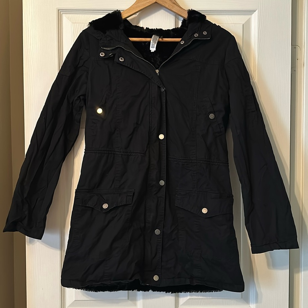 Black winter coat with silver buttons and black fur lining